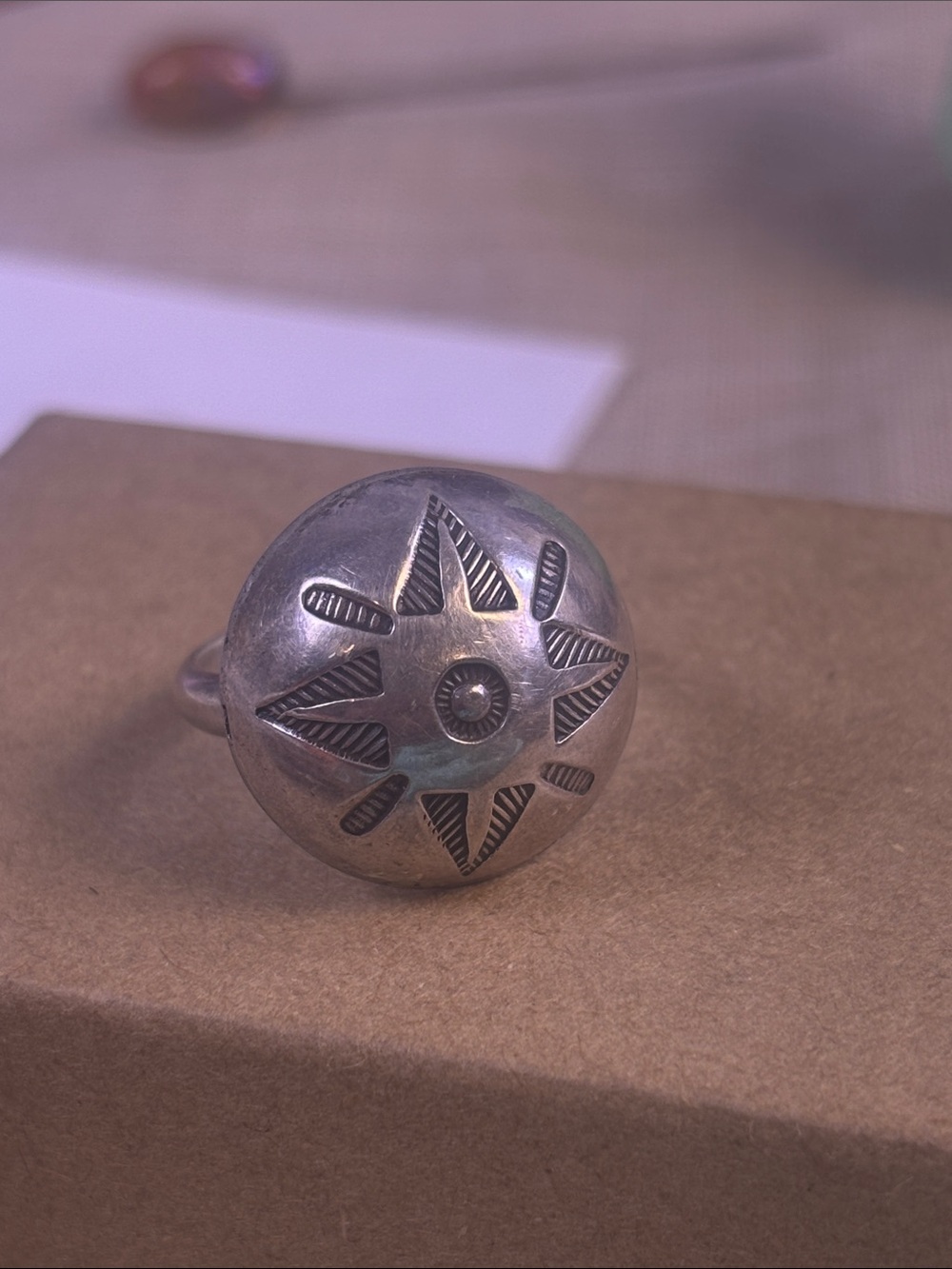 Stamped Round DomeSunburst Silver Ring